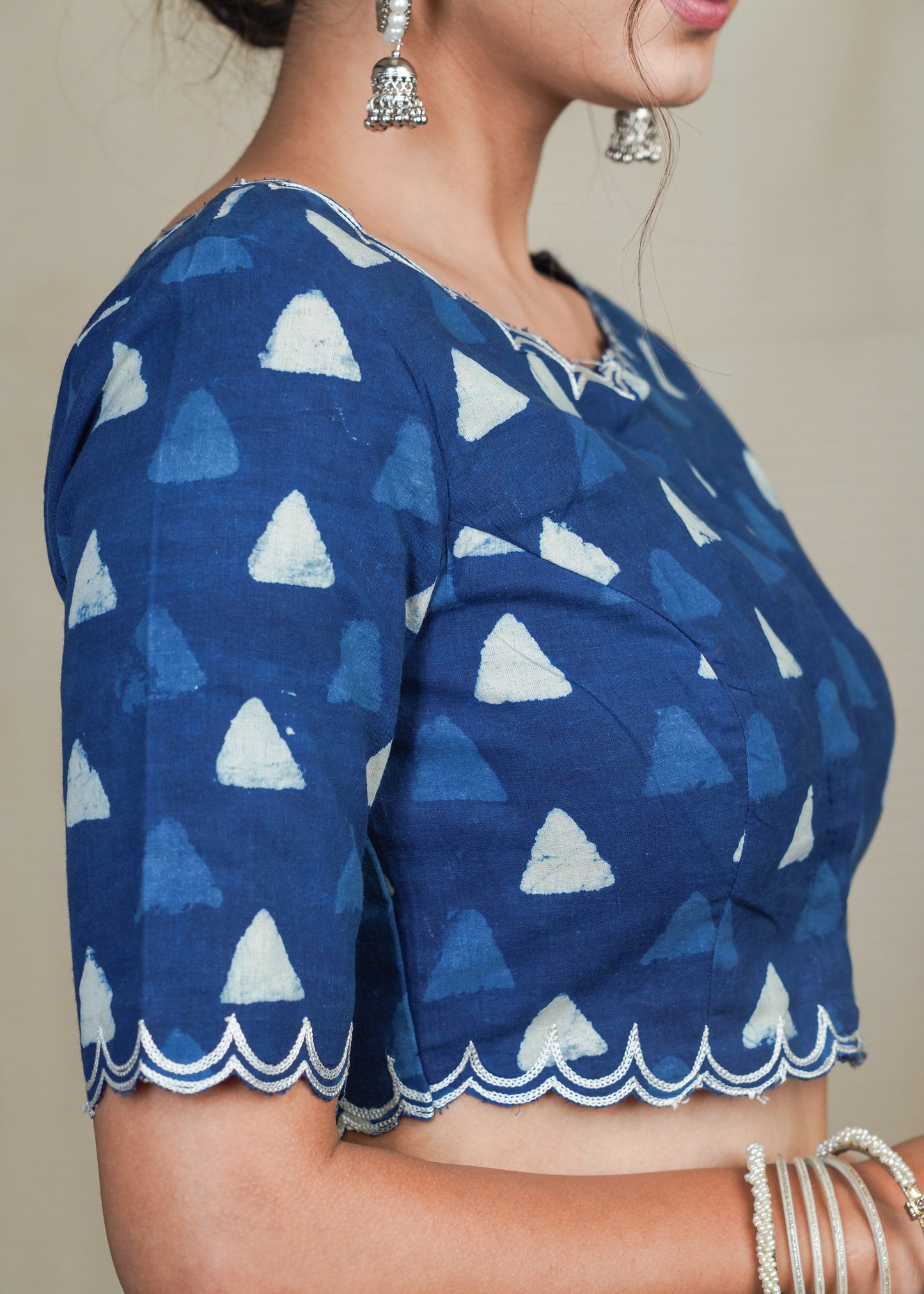 Cotton Indigo Blouse With Scalloped Neck, Sleeves and Hem