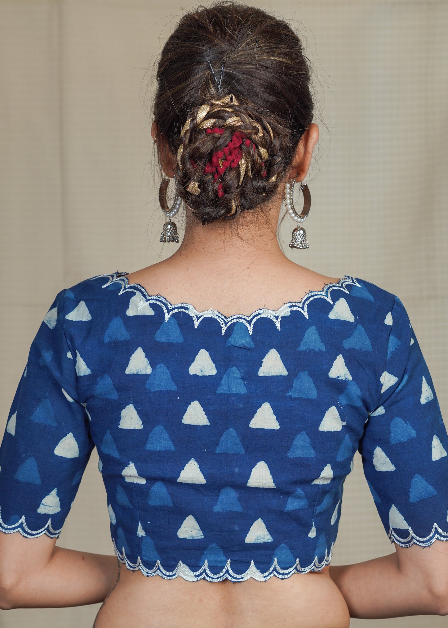 Cotton Indigo Blouse With Scalloped Neck, Sleeves and Hem