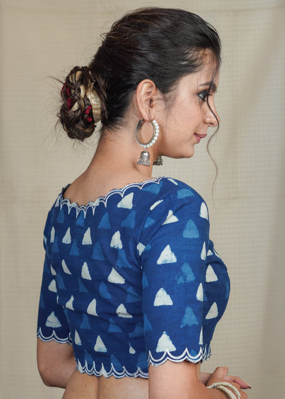 Cotton Indigo Blouse With Scalloped Neck, Sleeves and Hem
