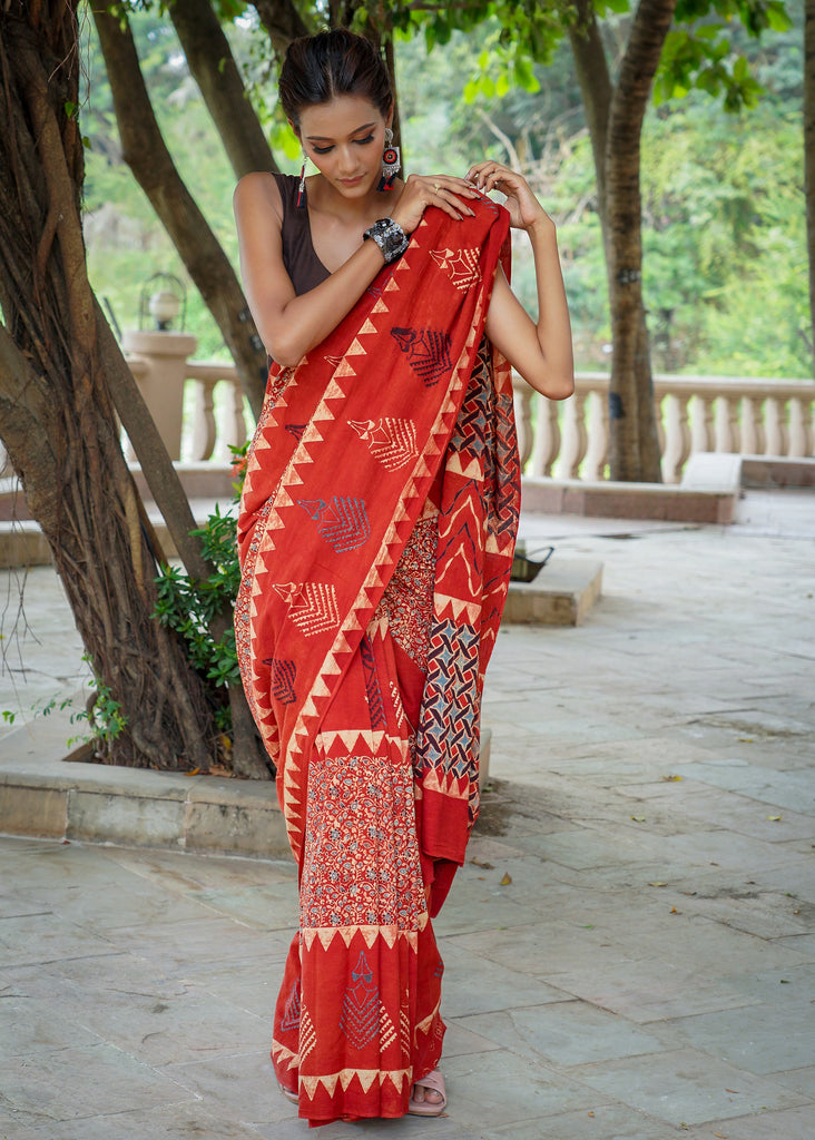 Unique designer red cotton Ajrakh saree