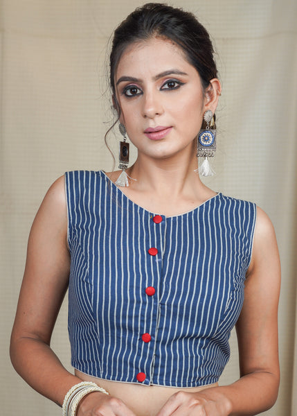 Striped Cotton Indigo Blouse with Exclusive Hand Painting on Chanderi Fabric