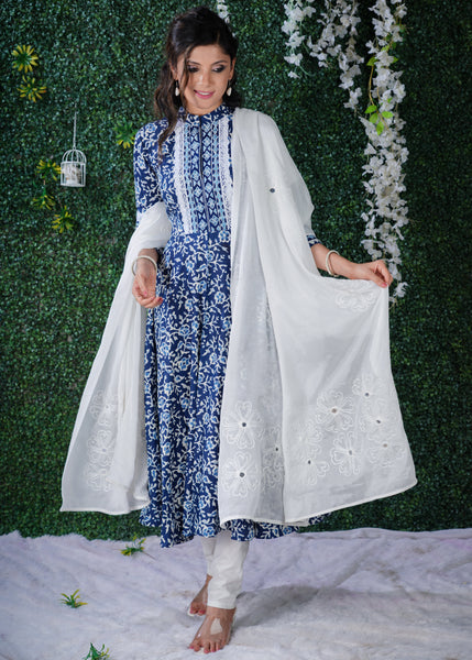 Indigo Blue Kurta with embroidery on yoke & sleeves With Chiffon Duppatta -2 Pc
