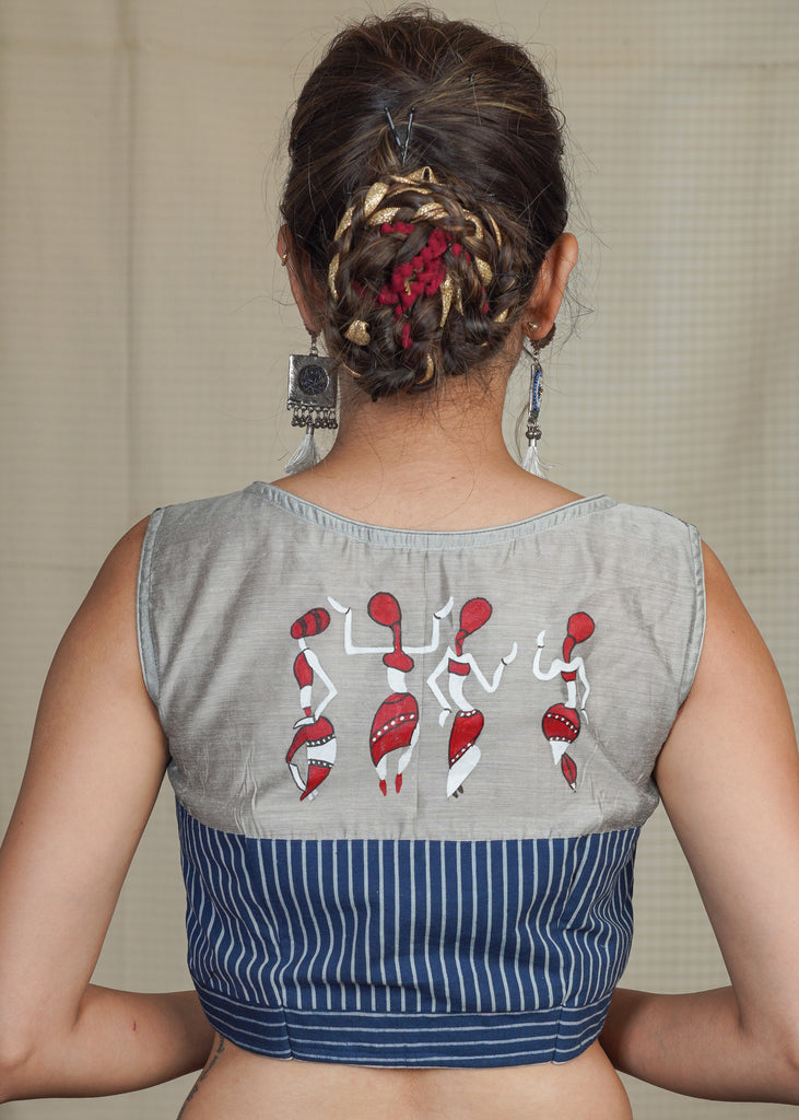 Striped Cotton Indigo Blouse with Exclusive Hand Painting on Chanderi Fabric