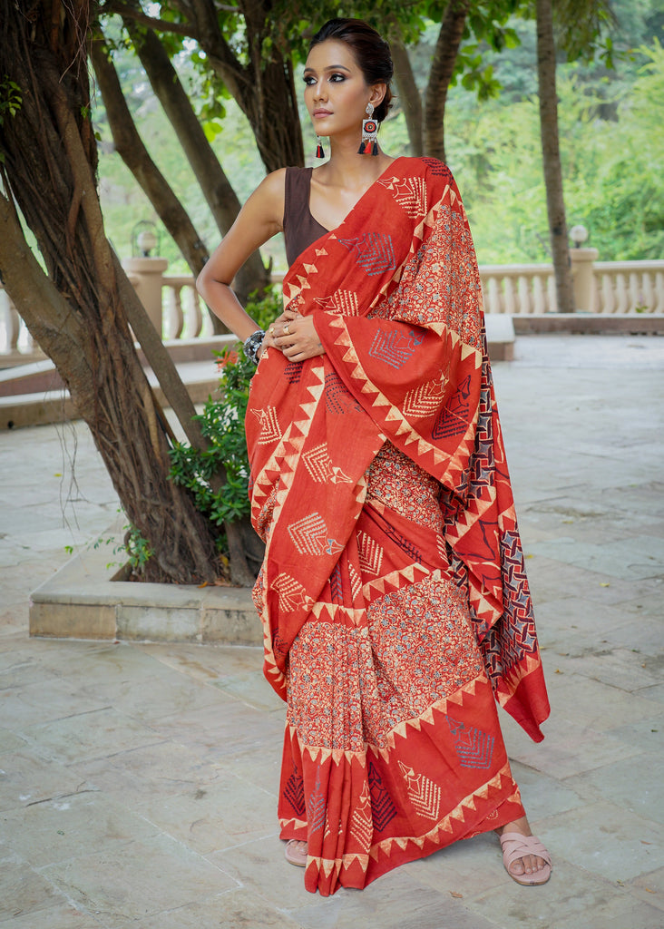 Unique designer red cotton Ajrakh saree