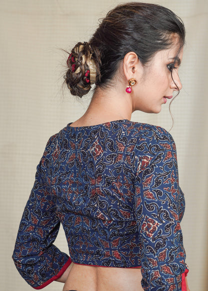 Blue Cotton Ajrakh Blouse With Maroon Straps