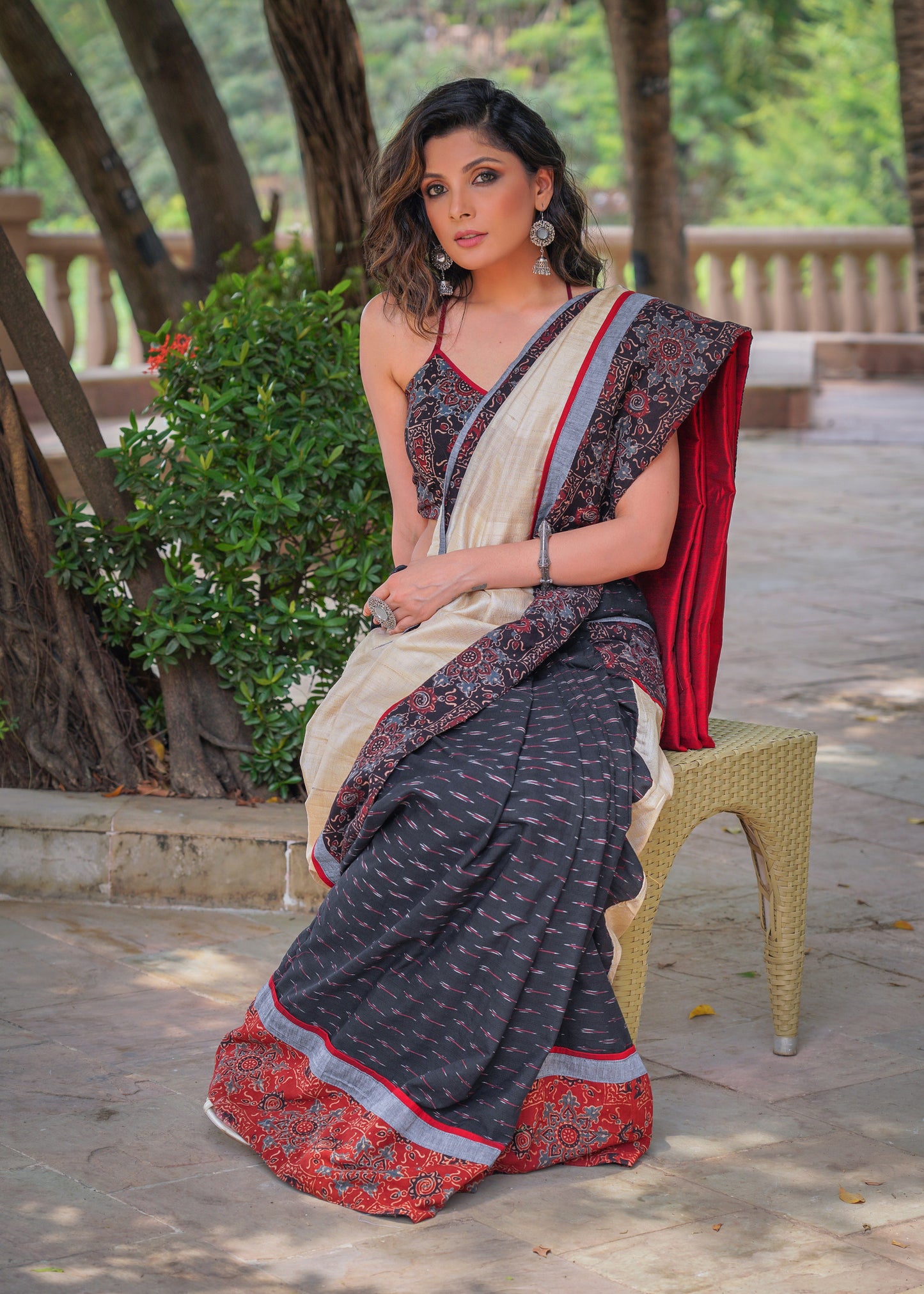 Exclusive black cotton Ikat & Ajrakh combination saree