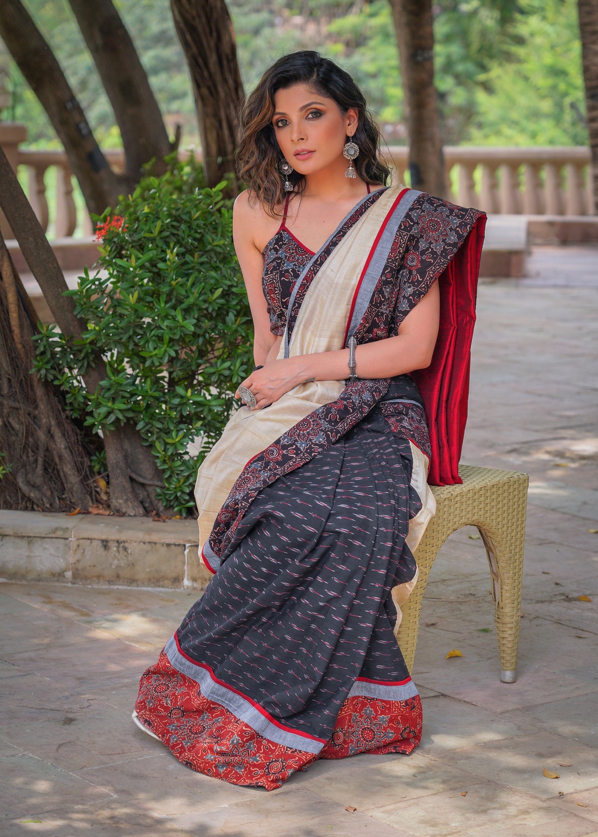 Exclusive black cotton Ikat & Ajrakh combination saree