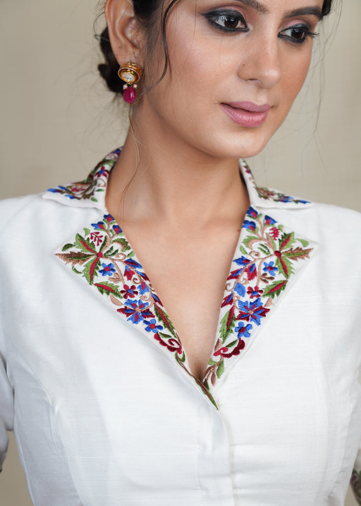 White Cotton Silk Blouse With Classy Embroidery Work On Collar and Sleeves and lining. Embroidered Belt Optional