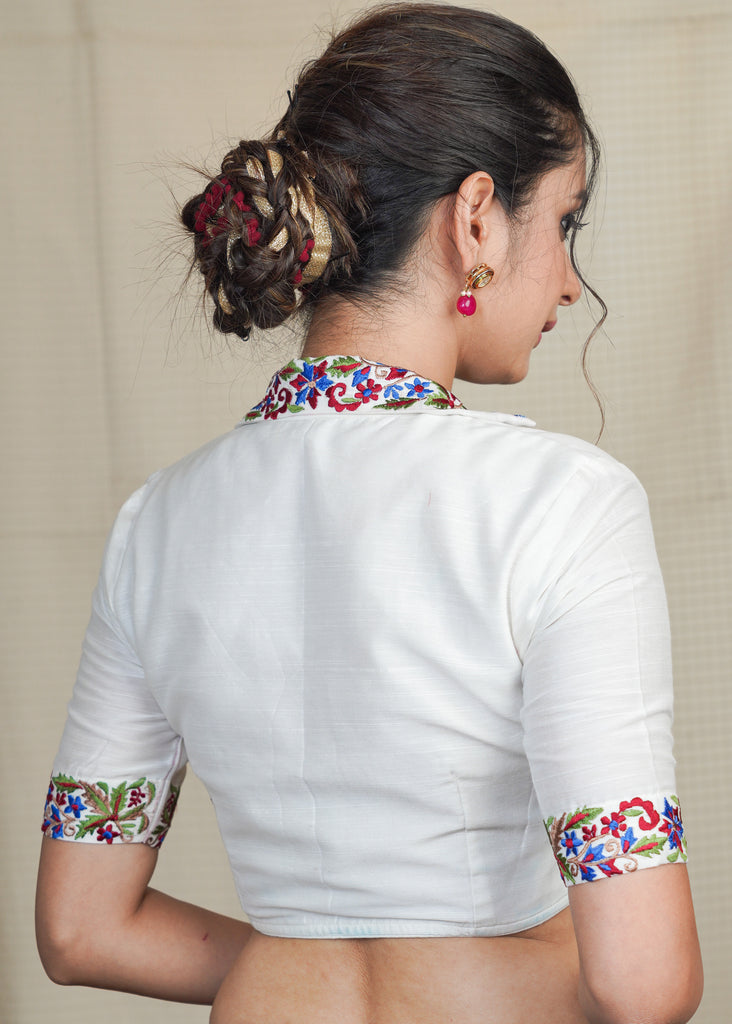 White Cotton Silk Blouse With Classy Embroidery Work On Collar and Sleeves and lining. Embroidered Belt Optional