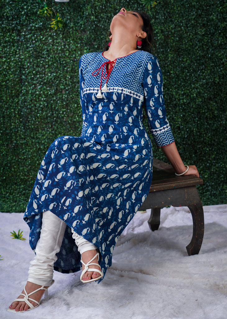 Buy Indigo Dabu-printed Handwoven Cotton Kurta Online at Jaypore.com | Kurta  neck design, Sleeves designs for dresses, Kurti neck designs