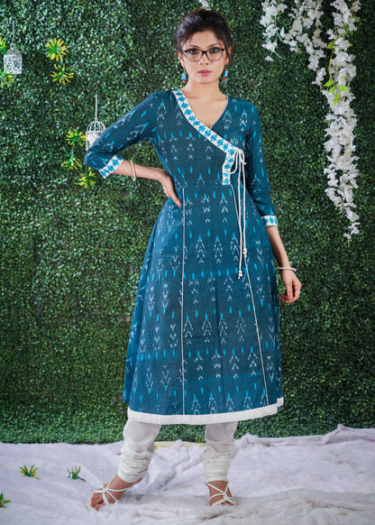 Turquoise Blue cotton  ikat kurta in Angarkha style with embroidery on Neck & Sleeves