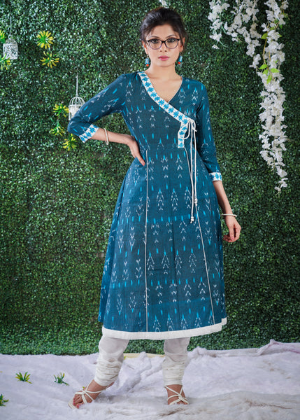 Turquoise Blue cotton  ikat kurta in Angarkha style with embroidery on Neck & Sleeves
