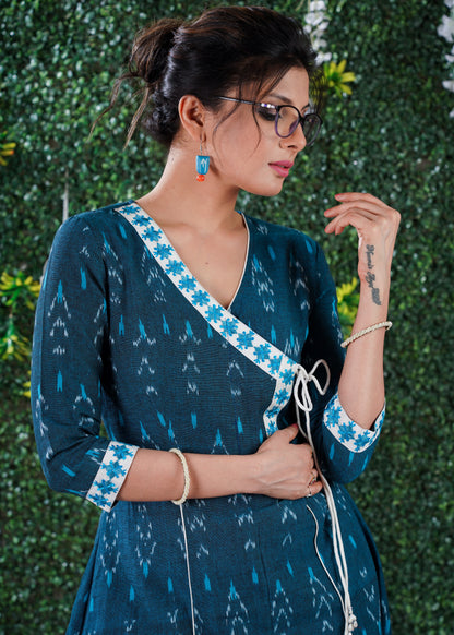 Turquoise Blue cotton  ikat kurta in Angarkha style with embroidery on Neck & Sleeves