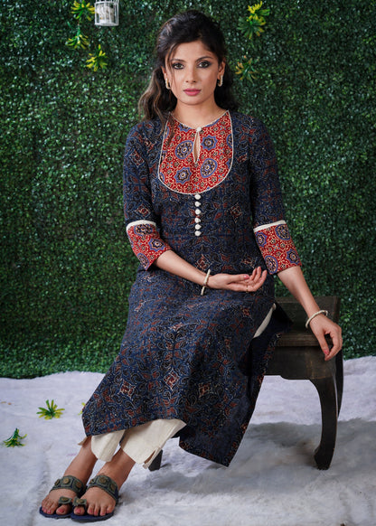 Navy Blue cotton Ajrakh kurta with Red Ajrakh yoke