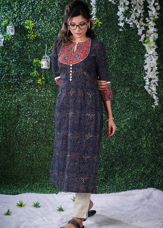 Navy Blue cotton Ajrakh kurta with Red Ajrakh yoke