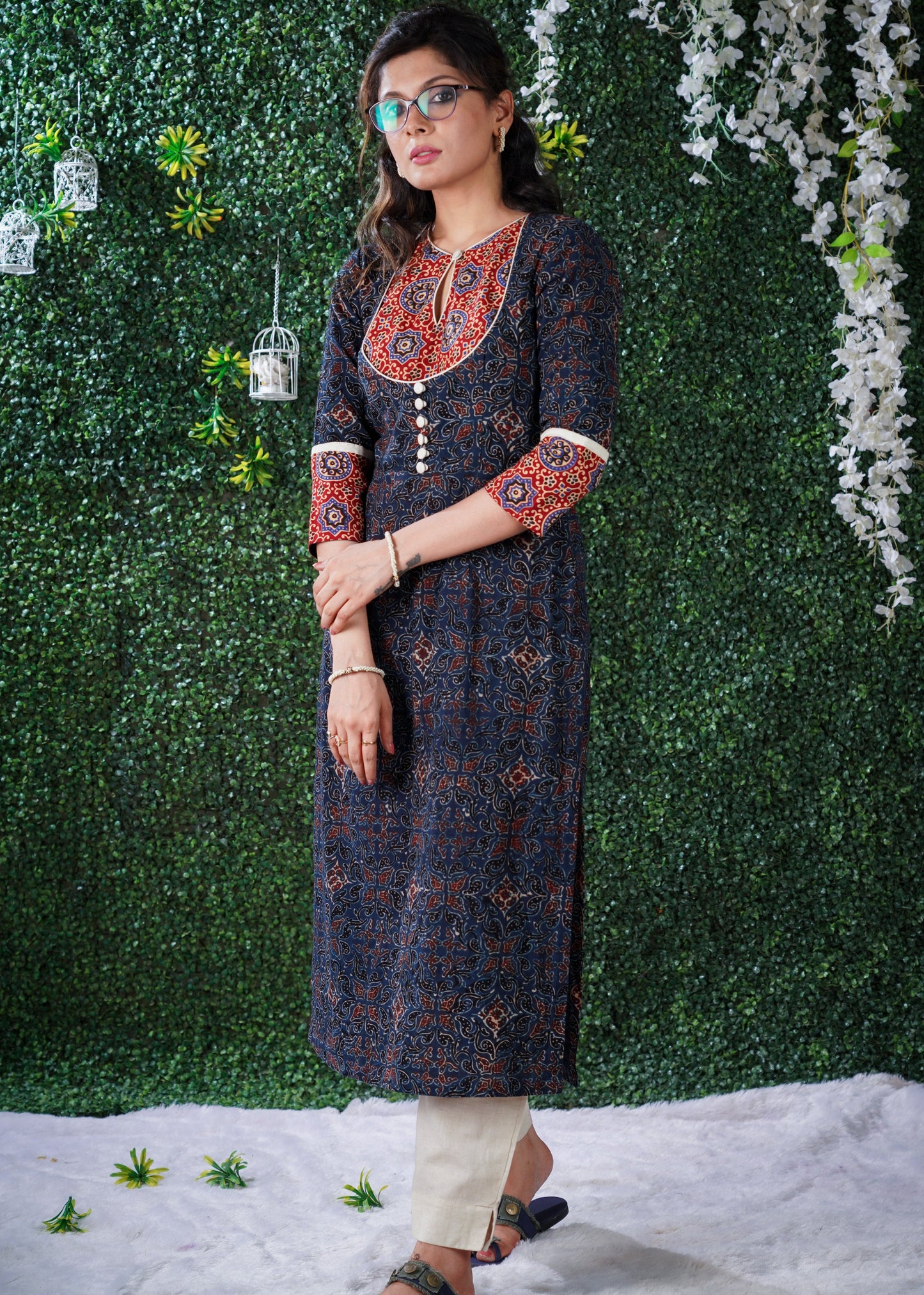 Navy Blue cotton Ajrakh kurta with Red Ajrakh yoke