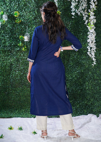 Navy Blue cotton kurta with Checks Yoke & Embroidery