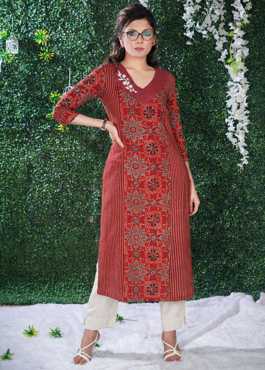 Maroon Ajrakh  Print & Pattern mix Princess cut kurta