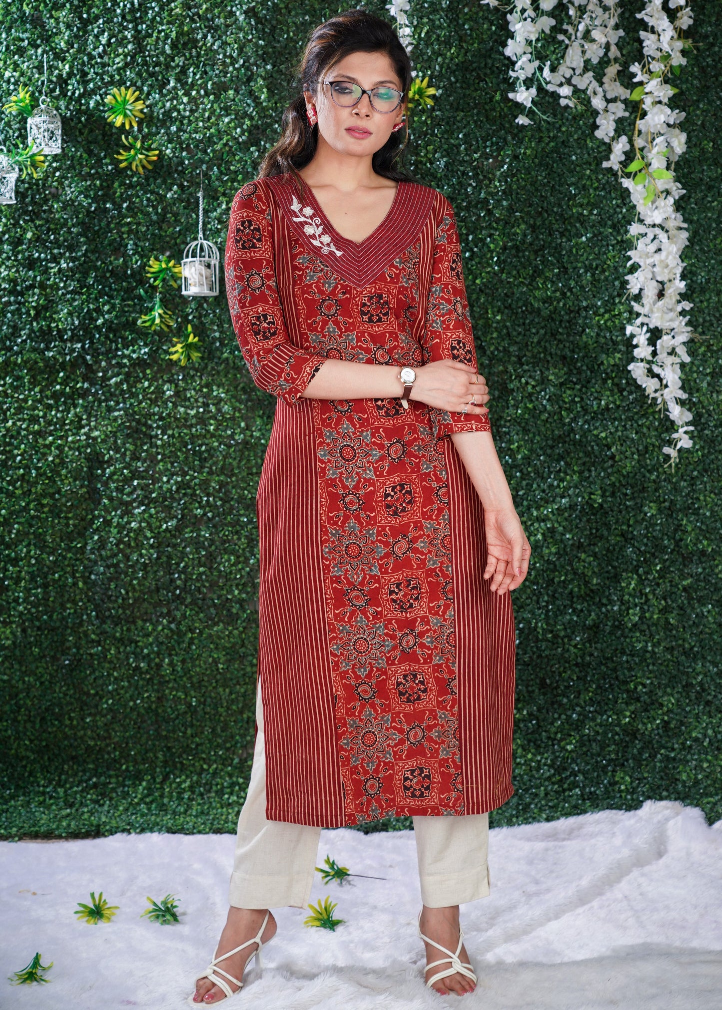 Maroon Ajrakh  Print & Pattern mix Princess cut kurta