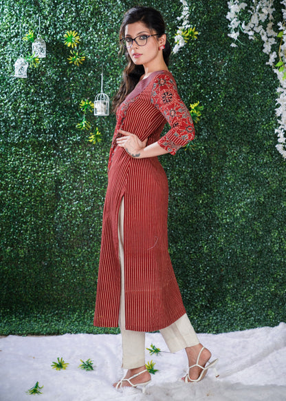 Maroon Ajrakh  Print & Pattern mix Princess cut kurta