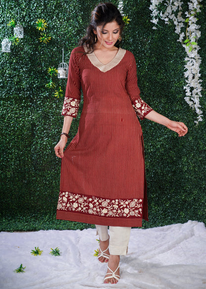 Maroon Cotton Ajrakh striped kurta with embroidery on hem & sleeves and smart Neck Pattern
