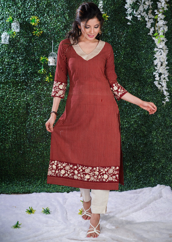 Maroon Cotton Ajrakh striped kurta with embroidery on hem & sleeves and smart Neck Pattern