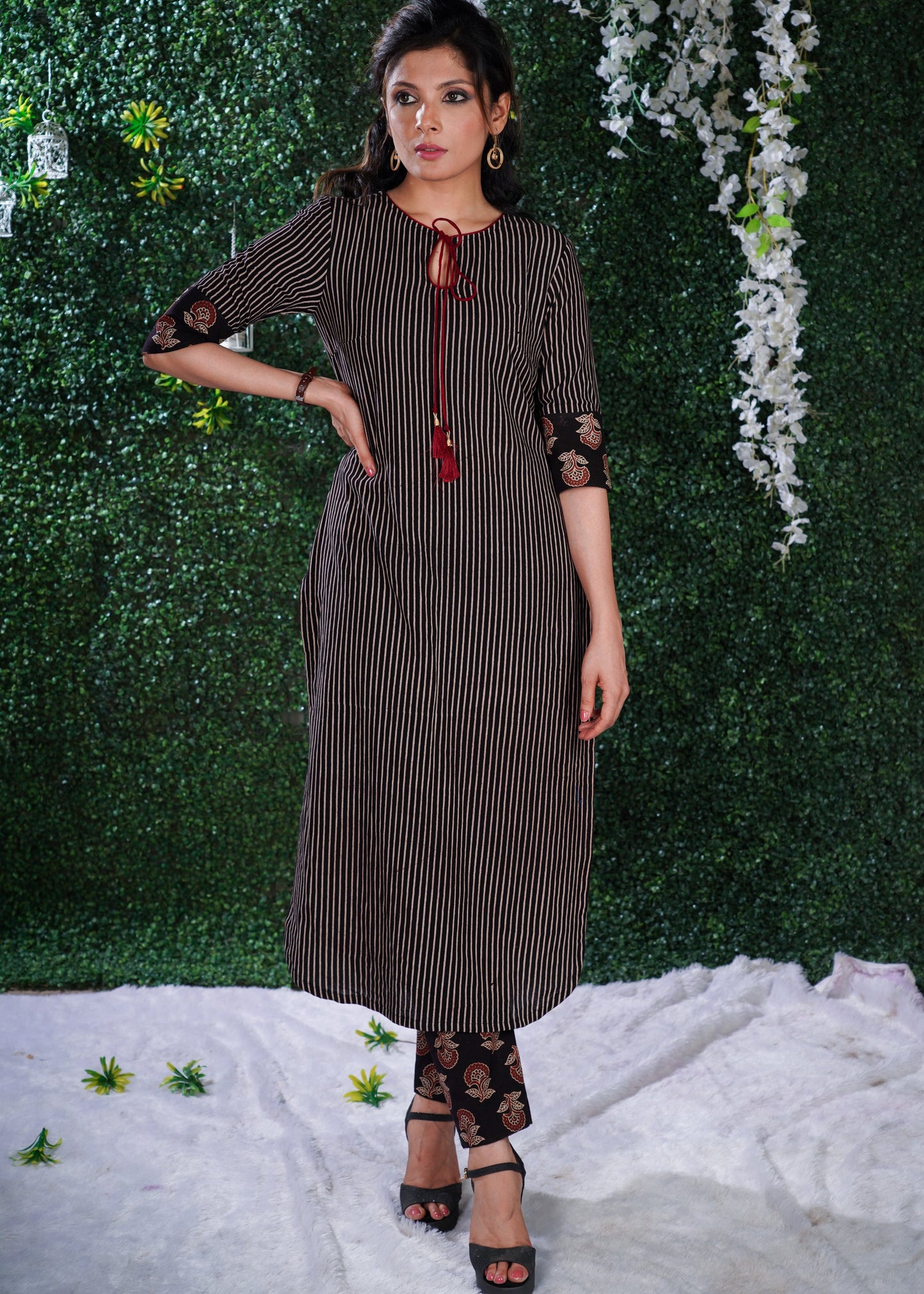 Black Cotton Ajrakh striped kurta with Ajrakh on sleeves