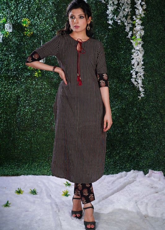 Black Cotton Ajrakh striped kurta with Ajrakh on sleeves