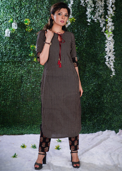 Black Cotton Ajrakh striped kurta with Ajrakh on sleeves