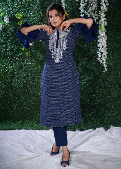 Blue Ikat Cotton Kurta with Elegant Embroidery and matching Chanderi Dupatta  2 Pc - Pant optional