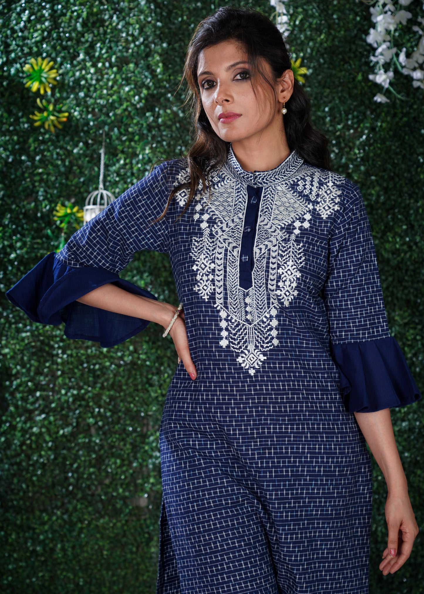 Blue Ikat Cotton Kurta with Elegant Embroidery and matching Chanderi Dupatta  2 Pc - Pant optional