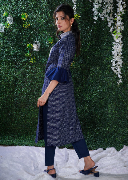 Blue Ikat Cotton Kurta with Elegant Embroidery and matching Chanderi Dupatta  2 Pc - Pant optional