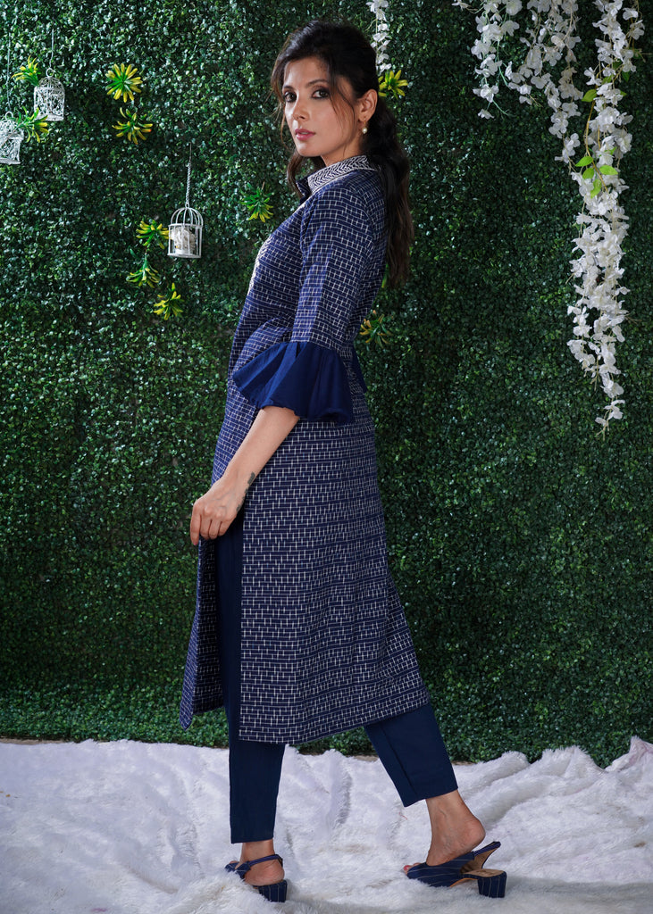 Blue Ikat Cotton Kurta with Elegant Embroidery and matching Chanderi Dupatta - 2 Pc