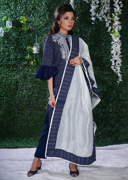 Blue Ikat Cotton Kurta with Elegant Embroidery and matching Chanderi Dupatta  2 Pc - Pant optional