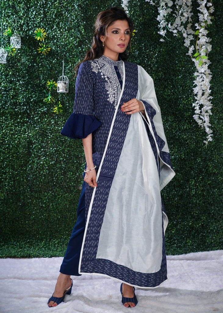 Blue Ikat Cotton Kurta with Elegant Embroidery and matching Chanderi Dupatta - 2 Pc