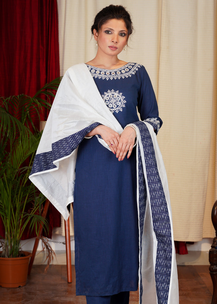Blue Cotton Handloom Kurta With Beautiful Mirror Embroidery Work on Y0ke, Sleeves and Neck - 2 Pc