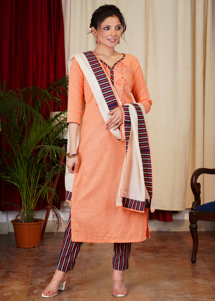 Beautiful Peach Embroidered Kurta with matching Chanderi Dupatta and Pant - 3 pc
