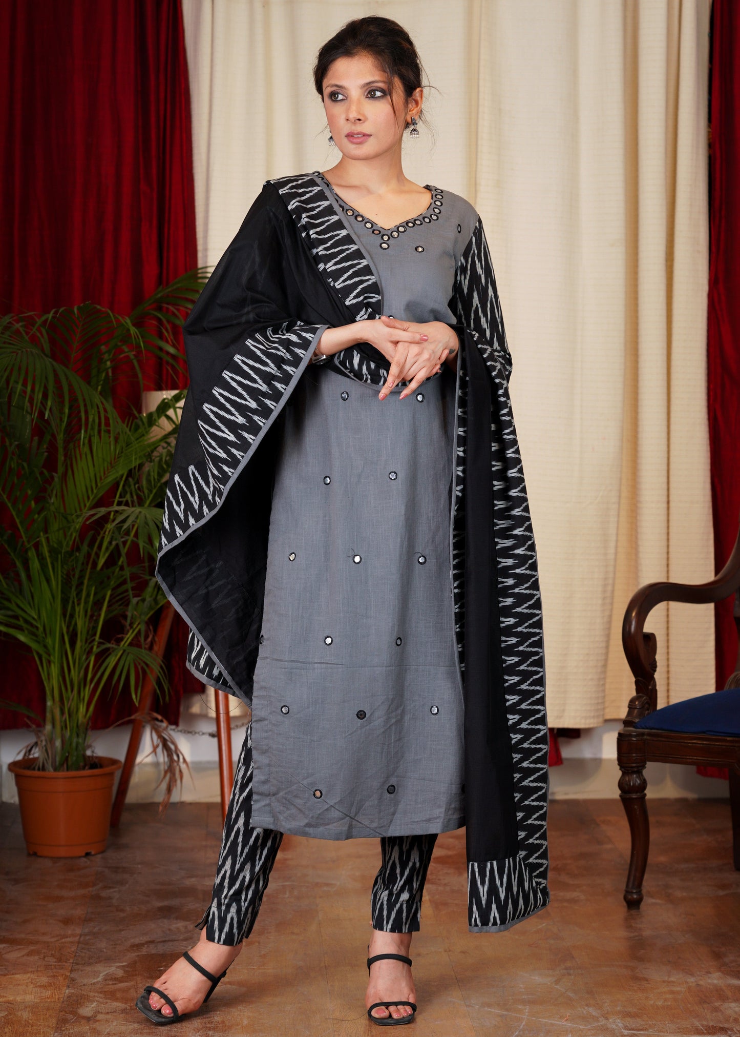 Classy Grey and Black Combination Kurta with mirror work embroidery with Chanderi Dupatta  2 Pc - Pant optional