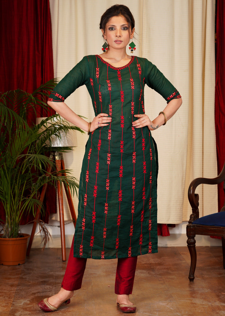 Beautiful Green and Red full  length embroidery Kurta with  Dupatta  - 2 Pc