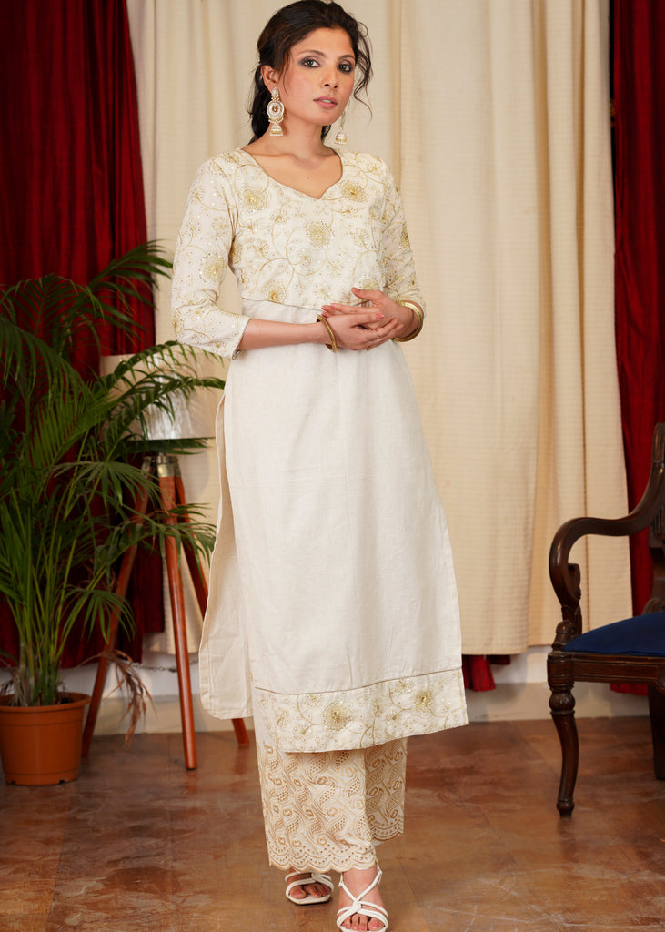 Elegant Offwhite and Gold Combination Embroidered Kurta