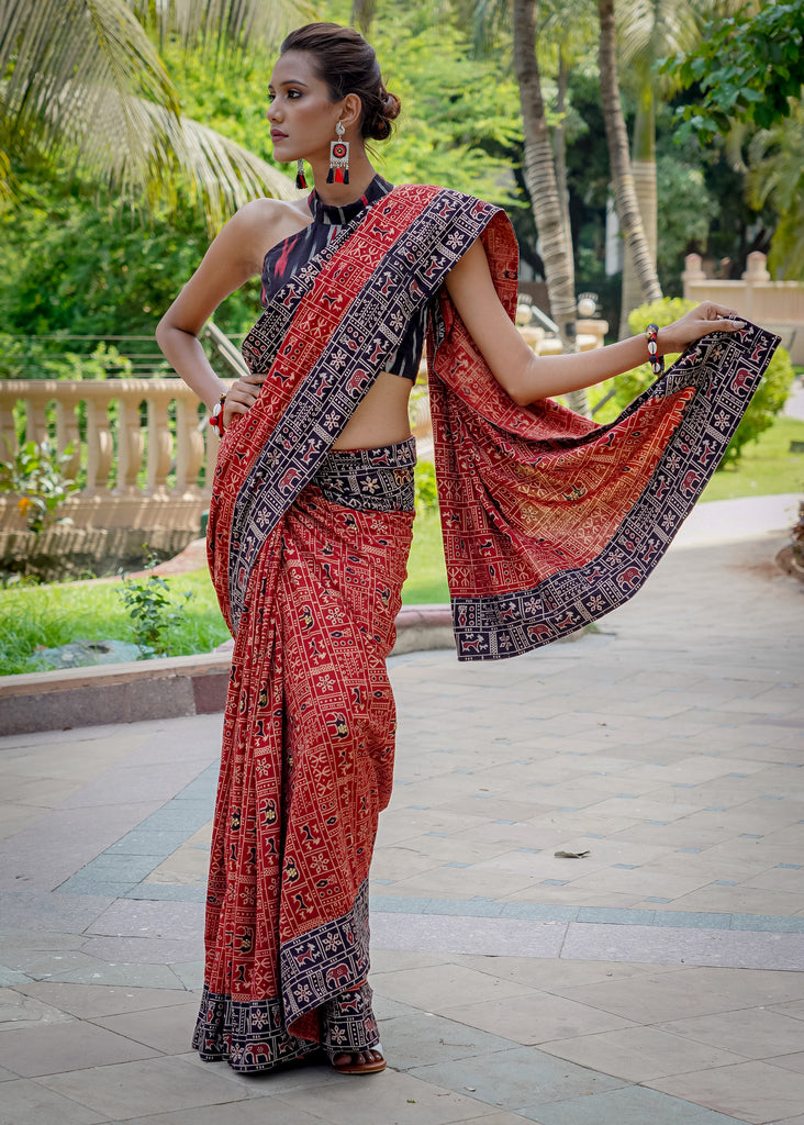 Exquisite Ajrakh cotton animal print maroon & black saree