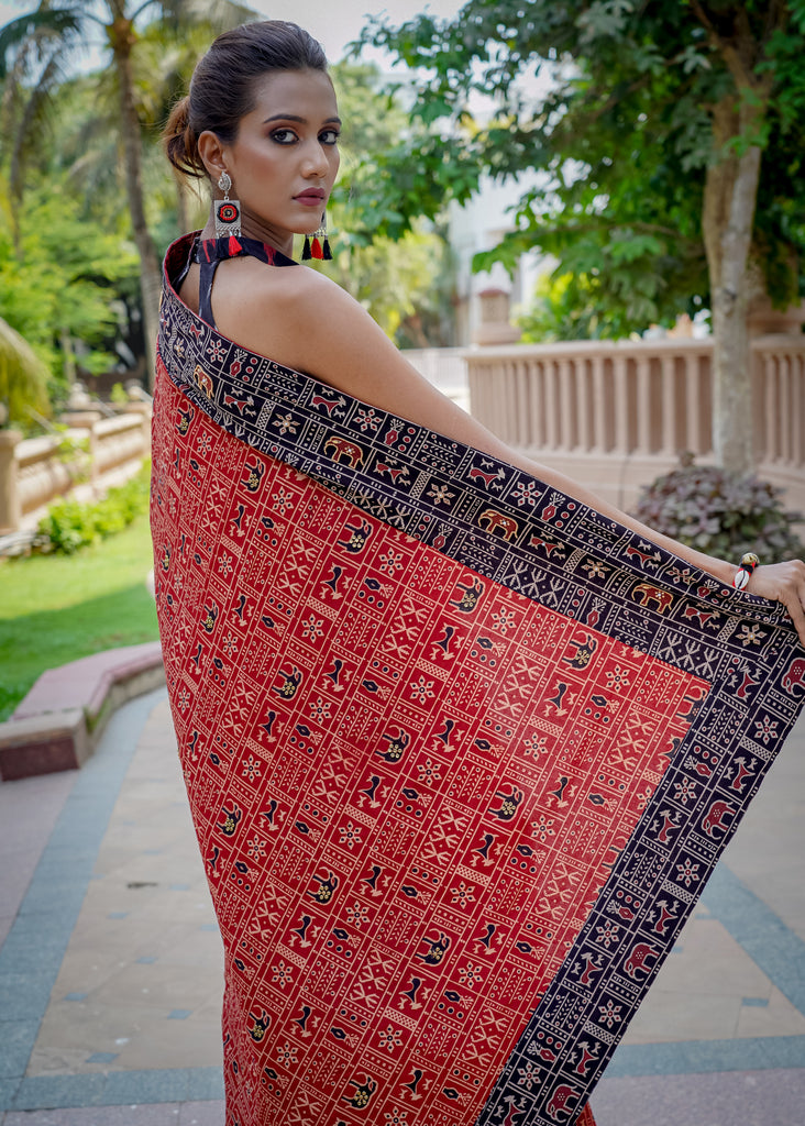 Exquisite Ajrakh cotton animal print maroon & black saree