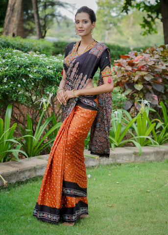 Modal silk saree with exquisite Ajrakh & Bandhej combination