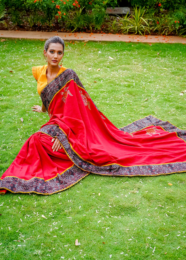 Maroon cotton saree with exclusive Ajrakh combination with Gond painting