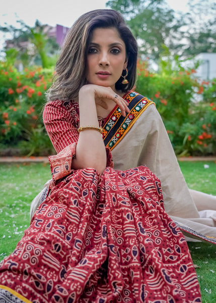 Elegant Ajrakh cotton saree with Kutch mirror work border