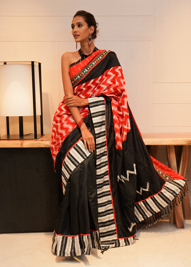 Fancy red and black Ikat with Chanderi combination saree