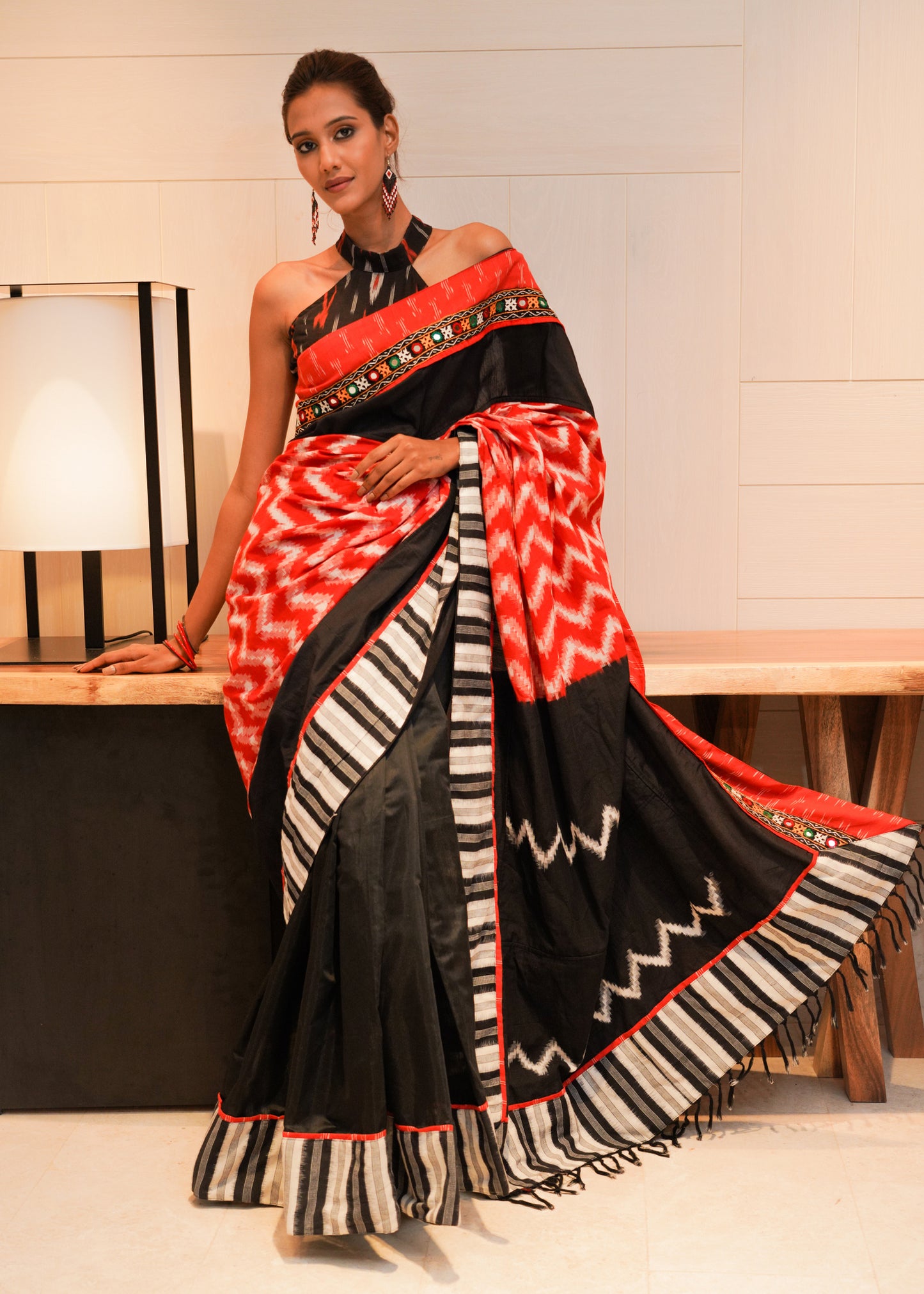 Fancy red and black Ikat with Chanderi combination saree