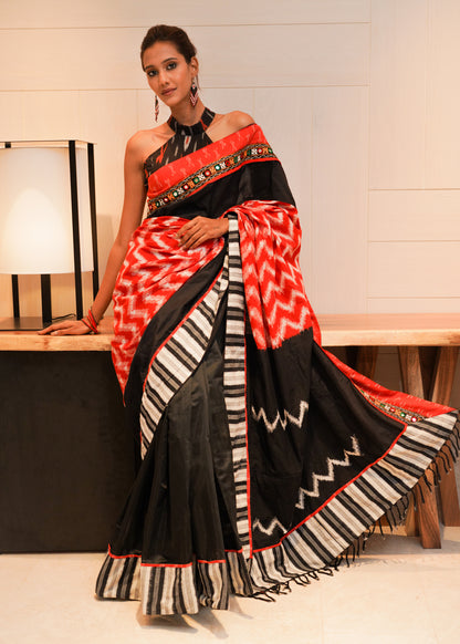 Fancy red and black Ikat with Chanderi combination saree