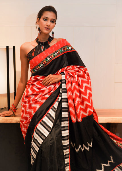 Fancy red and black Ikat with Chanderi combination saree