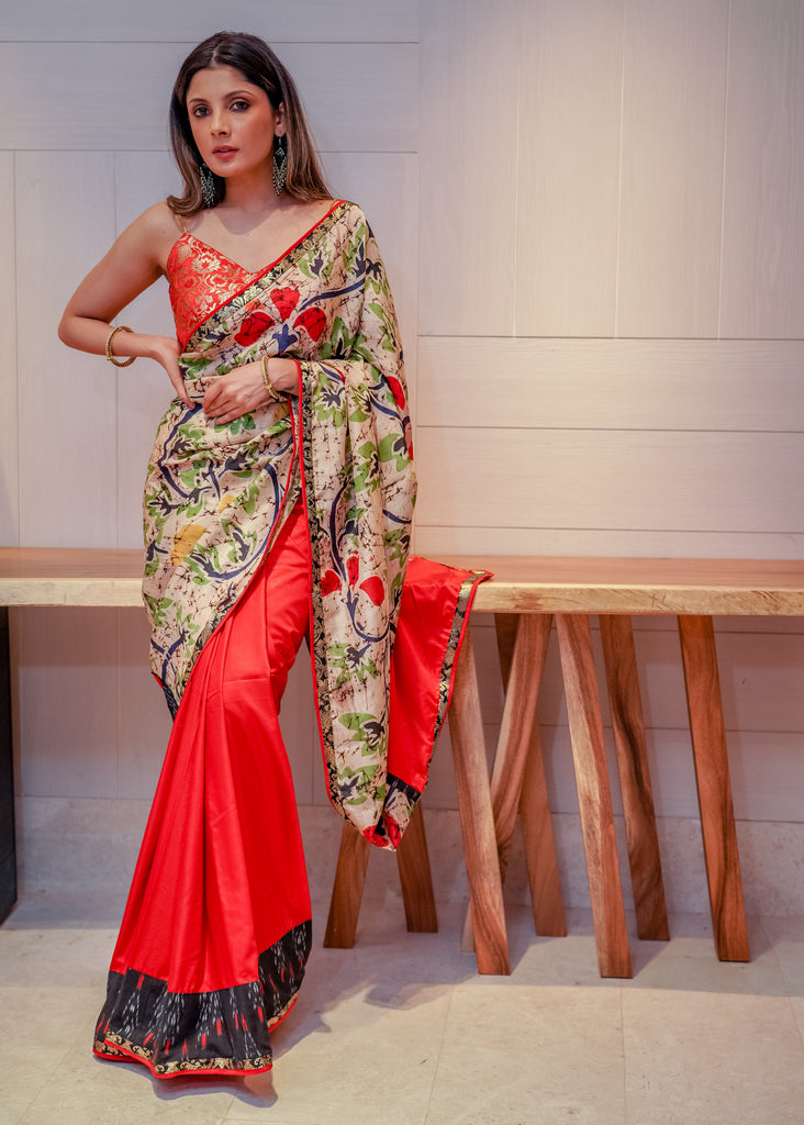 Stunning pure silk Batik red saree with semi silk pleats – Sujatra